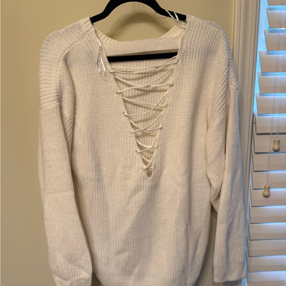 New Look White V-Neck Lace-Up Sweater